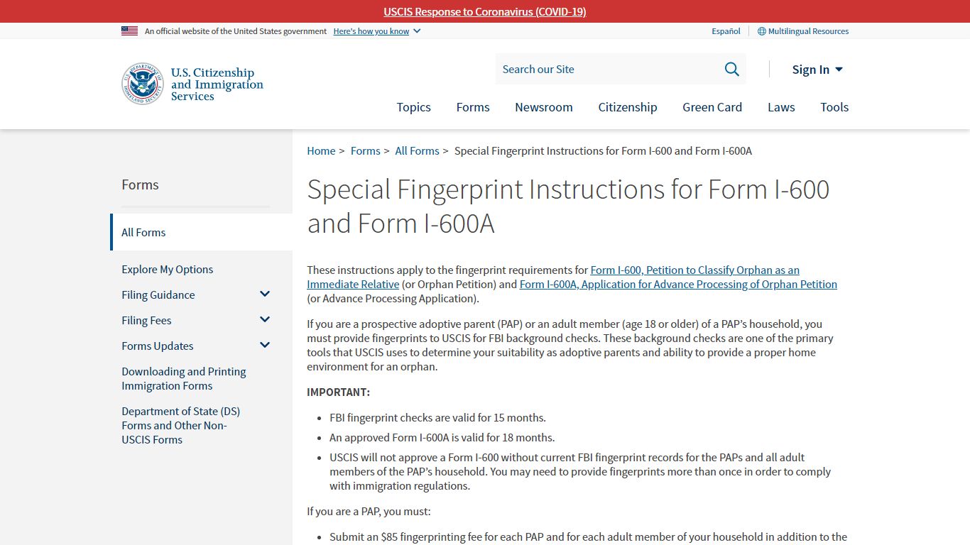 Special Fingerprint Instructions for Form I-600 and Form I-600A
