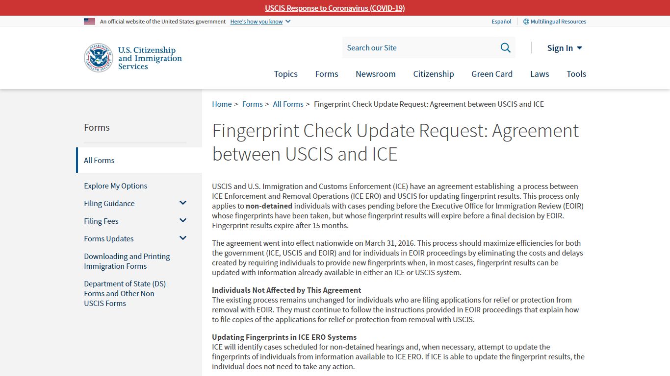 Fingerprint Check Update Request: Agreement between USCIS and ICE